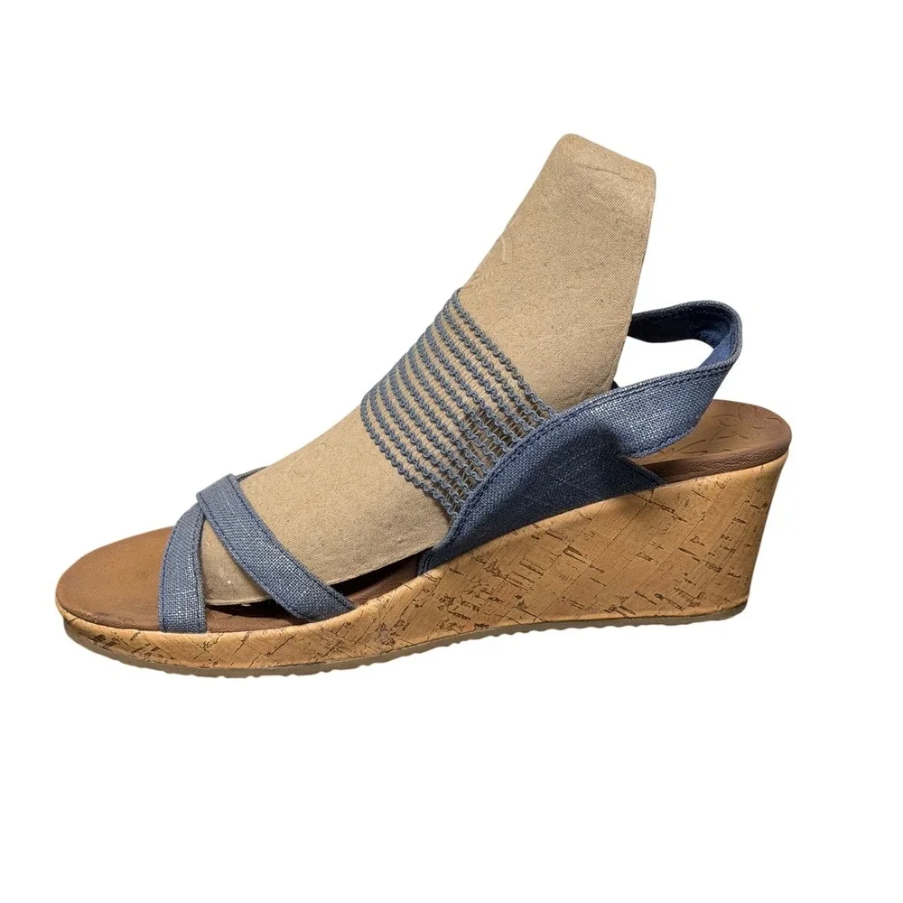 Skechers Cali Rumblers Wedge Sandals Womens‎ 8 Blue Denim Metallic Strappy Cork